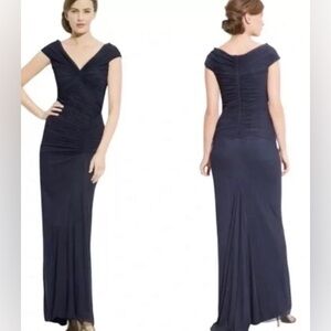 Tadashi Shoji Blue Ruched Maxi Gown V-Neck